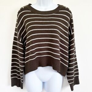 T TAHARI Sweater Brown and White Stripes Long Sleeve Large